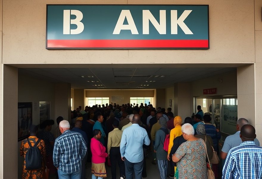 Before — A single line for every transaction type, with the wait piling up at the entrance.